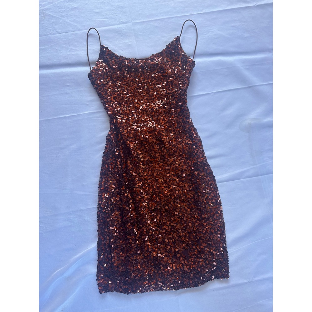 B.‎ Darlin Copper Sequin Bodycon Mini Dress Open Back Rust Size 0 Y2K